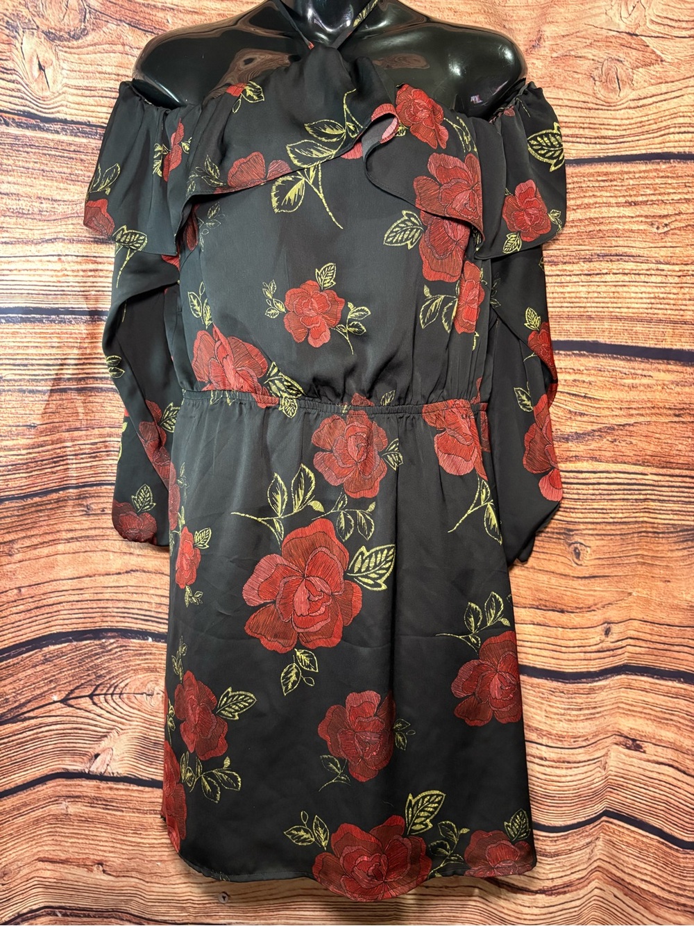 cupcakes & cashmere Black Off-Shoulder Mini Dress with Red Rose Print